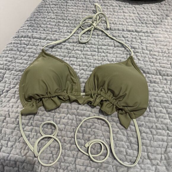 ABERCROMBIE & FITCH OLIVE GREEN RUFFLE STRING BIKINI TOP – SIZE XL - Picture 14 of 15